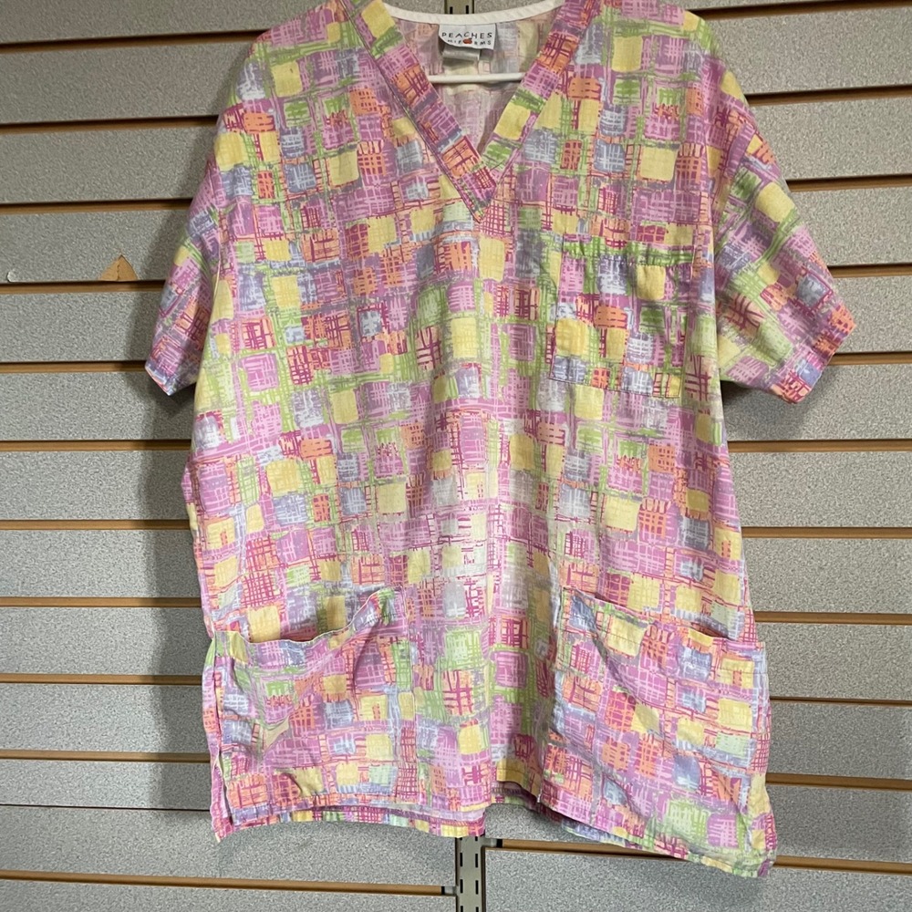 Peaches Uniforms Womens Scrub Top‎ Pink Yellow Green Plaid Square V Neck XL